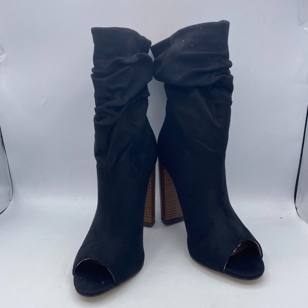 FSJ Black Stylish Peep Toe Slouch Chunky Stacked Heels Ankle Boots - Picture 2 of 13